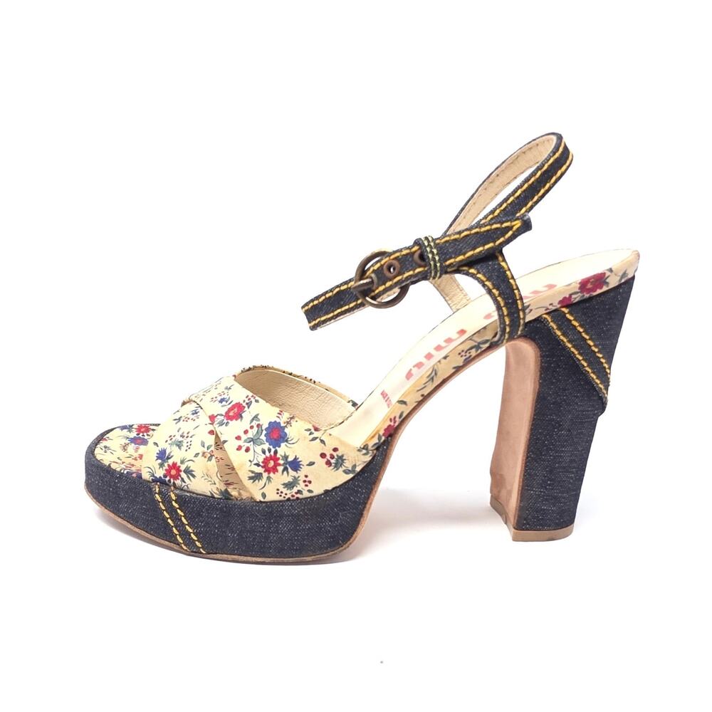Miu Miu Vintage Denim Floral Platform Sandals Open Toe Ankle Strap Heels 38 8